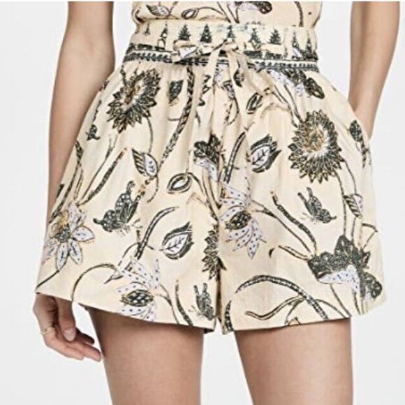 Ulla Johnson NWT Rowan Botanical Print Cotton Shorts Size 14 High Rise Tie Belt - Picture 1 of 10